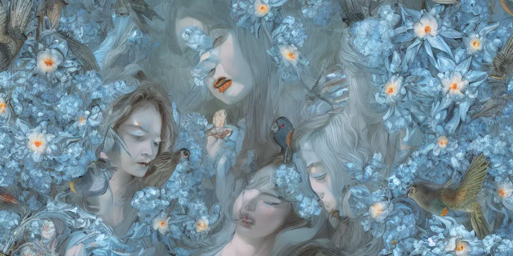 Image similar to breathtaking detailed concept art painting art deco pattern of faces goddesses amalmation light - blue flowers with anxious piercing eyes and blend of flowers and birds, by hsiao - ron cheng and john james audubon, bizarre compositions, exquisite detail, extremely moody lighting, 8 k