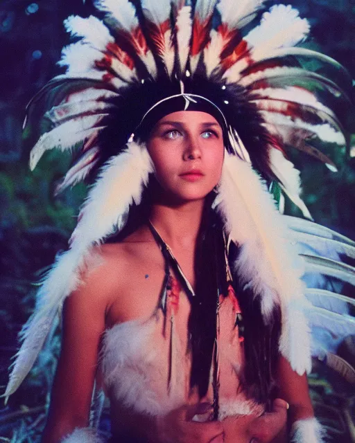 Prompt: a still of beautiful native american girl mid 20s with green eyes and feathers headdress in the forest at night in Blade Runner (1987), cinestill 800t,