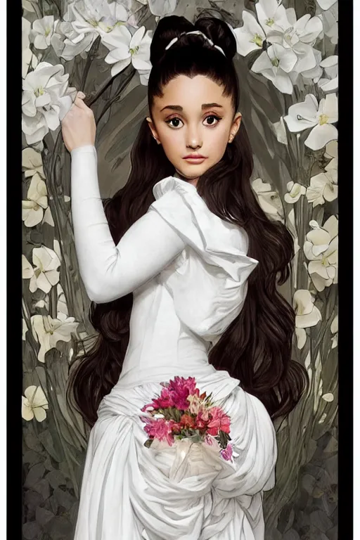 Image similar to beautiful cottagecore Ariana Grande holding a white colored vase. intricate, elegant. the background is black and white !. highly detailed, digital painting, artstation, concept art, smooth, sharp, focus, illustration. . art by artgerm and greg rutkowski and alphonse mucha