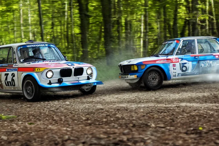 Prompt: A BMW 2002 rally car driving past a swedish village in the woods, high-speed sports photography