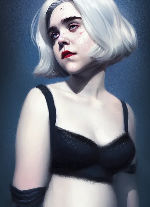 Image similar to full body portrait, kiernan shipka as sabrina spellman, white hair, obese, bangs, sultry, realistic, sultry smirk, fluffy bangs, freckles, fat, belly, intricate, elegant, highly detailed, digital painting, artstation, concept art, smooth, sharp focus, illustration, art by wlop, mars ravelo and greg rutkowski