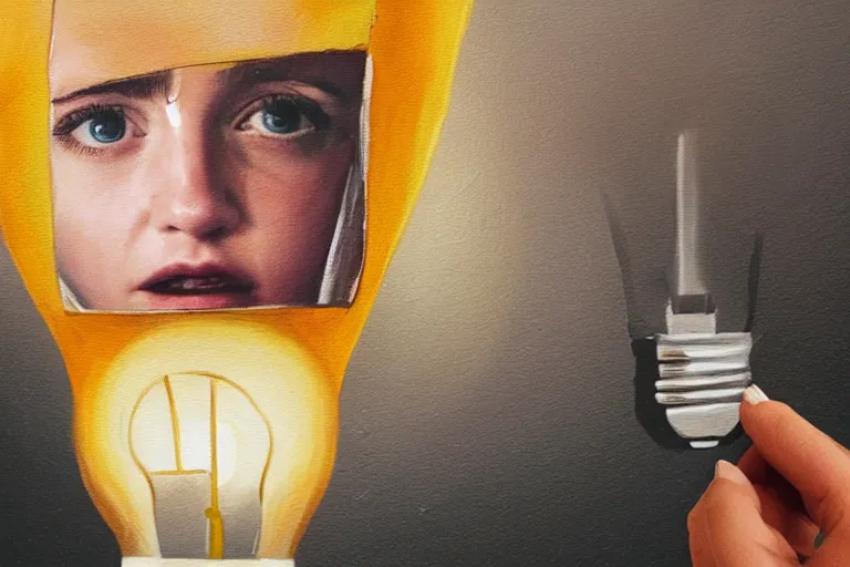 Image similar to a cinematic painting of a lightbulb with emma watsons face in it