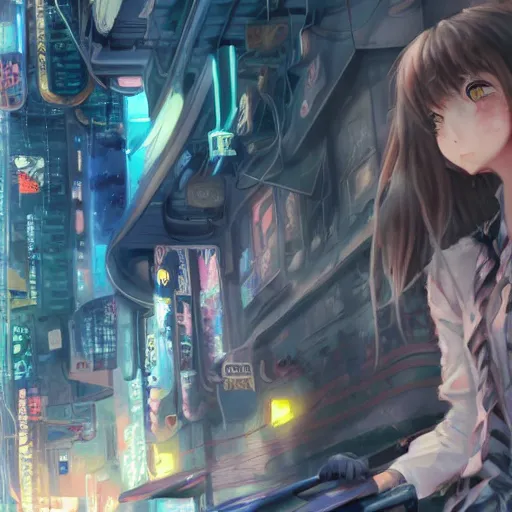 Image similar to dynamic composition, motion, ultra-detailed, incredibly detailed, a lot of details, amazing fine details and brush strokes, colorful and grayish palette, smooth, HD semirealistic anime CG concept art digital painting, watercolor oil painting of Clean and detailed post-cyberpunk sci-fi close-up schoolgirl in asian city in style of cytus and deemo, blue flame, relaxing, calm and mysterious vibes,, by a Chinese artist at ArtStation, by Huang Guangjian, Fenghua Zhong, Ruan Jia, Xin Jin and Wei Chang. Realistic artwork of a Chinese videogame, gradients, gentle an harmonic grayish colors. set in half-life 2, Matrix, GITS, Blade Runner, Neotokyo Source, Syndicate(2012), dynamic composition, beautiful with eerie vibes, very inspirational, very stylish, with gradients, surrealistic, dystopia, postapocalyptic vibes, depth of field, mist, rich cinematic atmosphere, perfect digital art, mystical journey in strange world