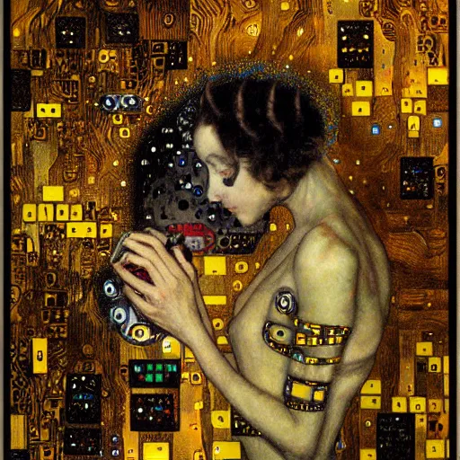 Prompt: cybernetic demon sleeping in circuitry, intricate detail, jazz age, klimt, miro, royo, whealan,