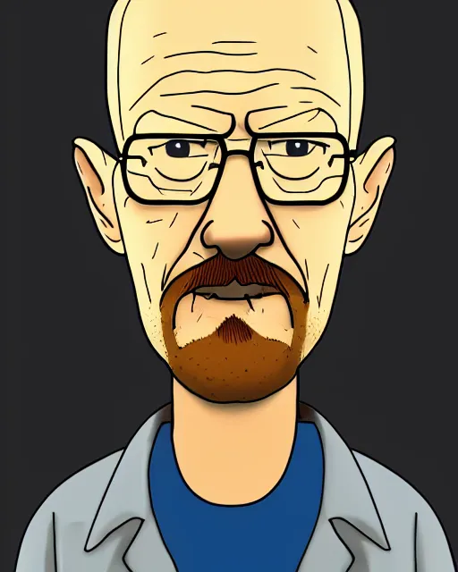 Image similar to portrait of walter white in the style of justin roiland. heisenberg from breaking bad. cinematic lighting. style of rick & morty. photographic, photography. by justin roiland