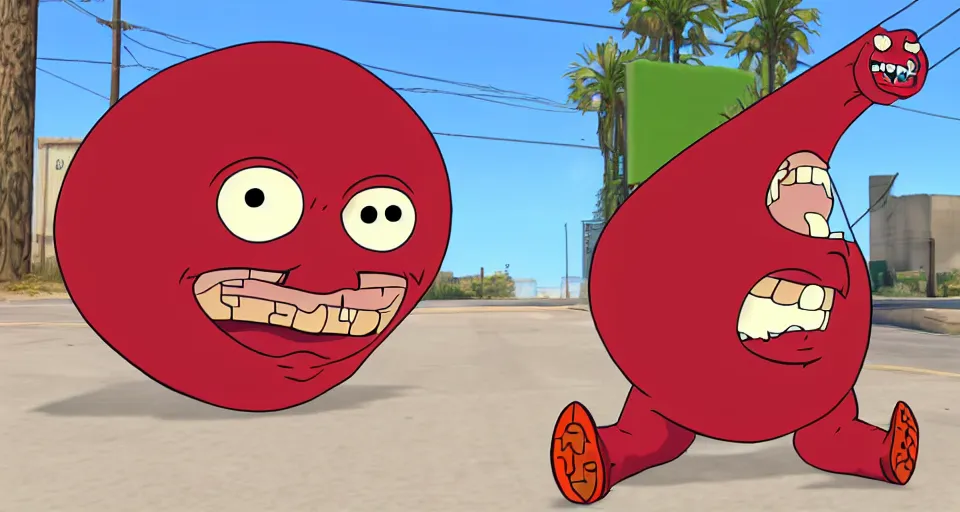 Image similar to Screenshot of Meatwad from Aqua Teen Hunger Force as a 3d character in the videogame 'GTA V'. Sharpened. 1080p. High-res. Ultra graphical settings.