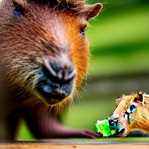 Image similar to cute capybara eating a nvidia gpu with cooling fans, chewing on a graphic card, wildlife photography, bokeh, sharp focus, 3 5 mm, taken by sony a 7 r, 4 k, award winning