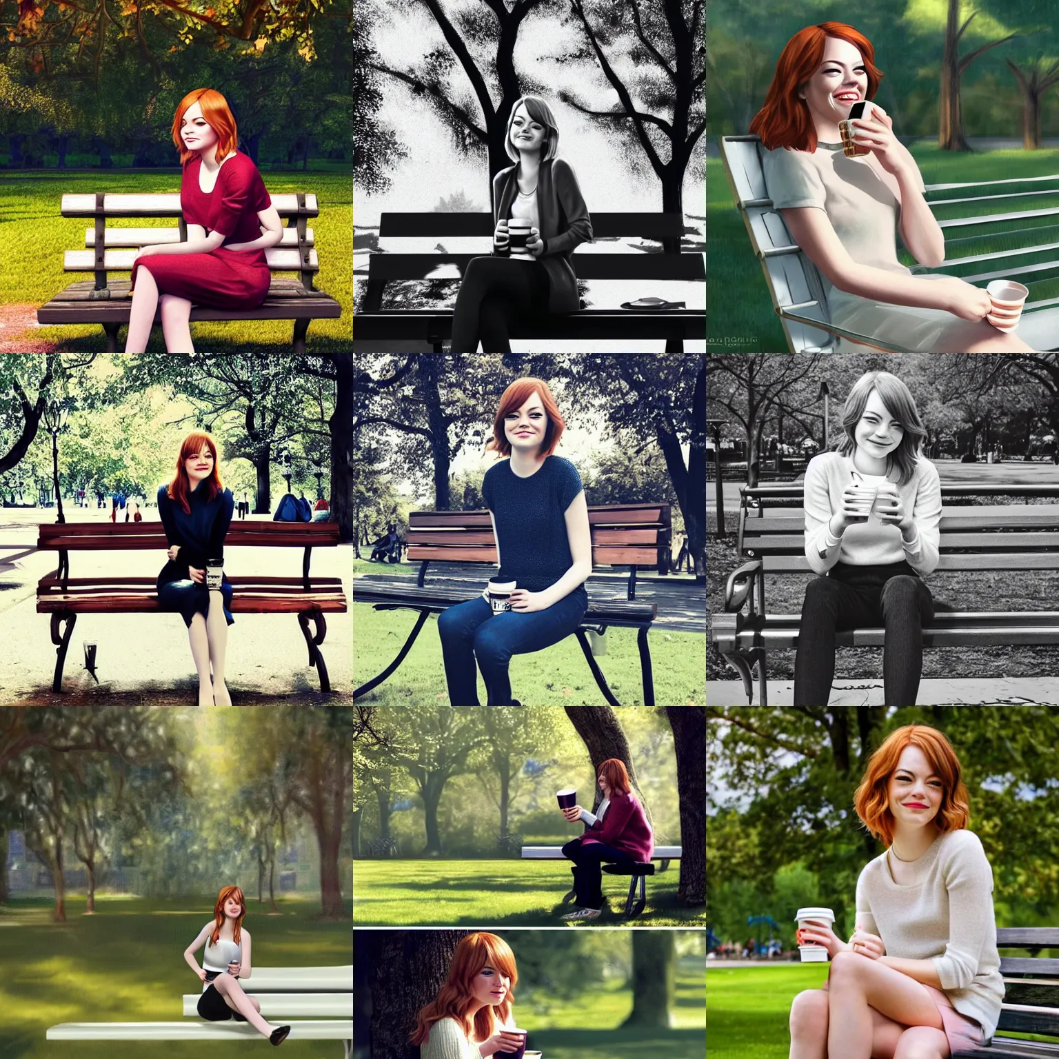 Prompt: Emma Stone sitting on a bench and drinking coffee in a park filled with trees, beautiful eyes, smiling, elegant, highly detailed, photorealistic, artstation, sharp focus, art