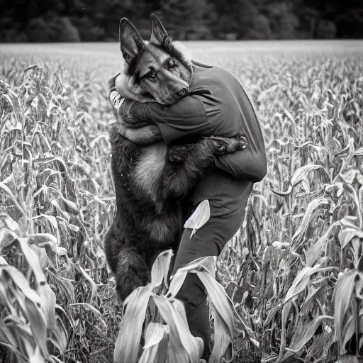 Image similar to a humanoid german shepherd beast - man hugging his friend in a corn field vintage sepia detailed 8 k