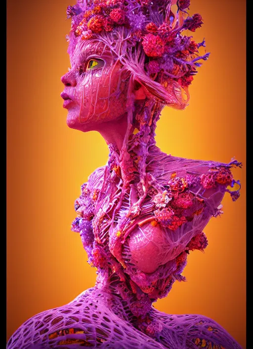 Prompt: hyper detailed 3d render like a sculpture - profile subsurface scattering (a beautiful fae princess protective playful expressive from that looks like a borg queen wearing a sundress made of flowers) seen red carpet photoshoot in UVIVF posing in caustic light pattern pool of water to Eat bite of the Strangling network of yellowcake aerochrome and milky Fruit and His delicate Hands hold of gossamer polyp blossoms bring iridescent fungal flowers whose spores black the foolish stars by Jacek Yerka, Ilya Kuvshinov, Mariusz Lewandowski, Houdini algorithmic generative render, golen ratio, Abstract brush strokes, Masterpiece, Victor Nizovtsev and James Gilleard, Zdzislaw Beksinski, Tom Whalen, Mark Ryden, Wolfgang Lettl, hints of Yayoi Kasuma and Dr. Seuss, Grant Wood, octane render, 8k, maxwell render, siggraph