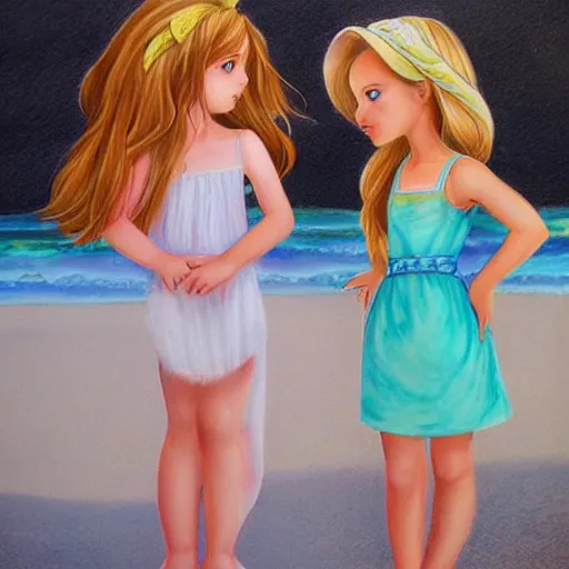 Image similar to two beautiful princesses in sundresses on the beach drawn by artgerm