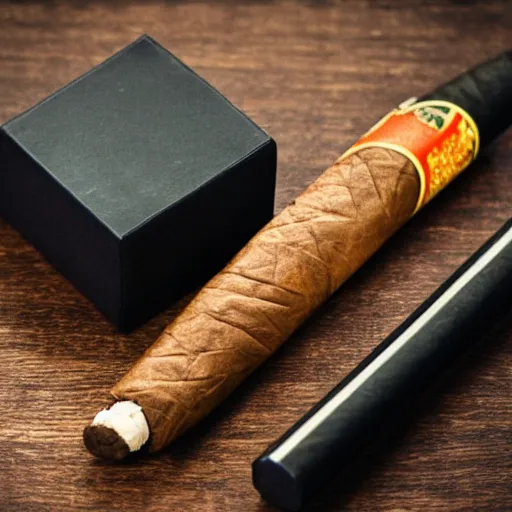 Image similar to lit cigar on a table, noire