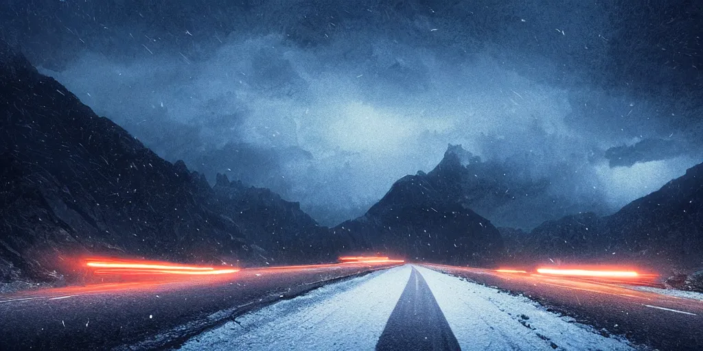 Prompt: snowy mountain road at night, lightning sky lit up with cosmic radiation, style of greg rutkowski, ominous creatures on the road, 8 k resolution, highly detailed illustration,