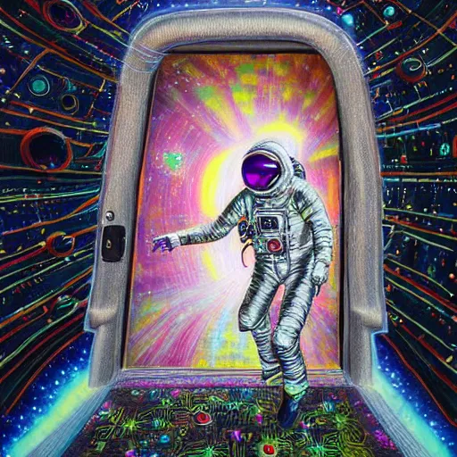 Prompt: 4 k, hyper - realism, distant shot, extra - details, psychedelic astronaut opening door that leads to the universe.