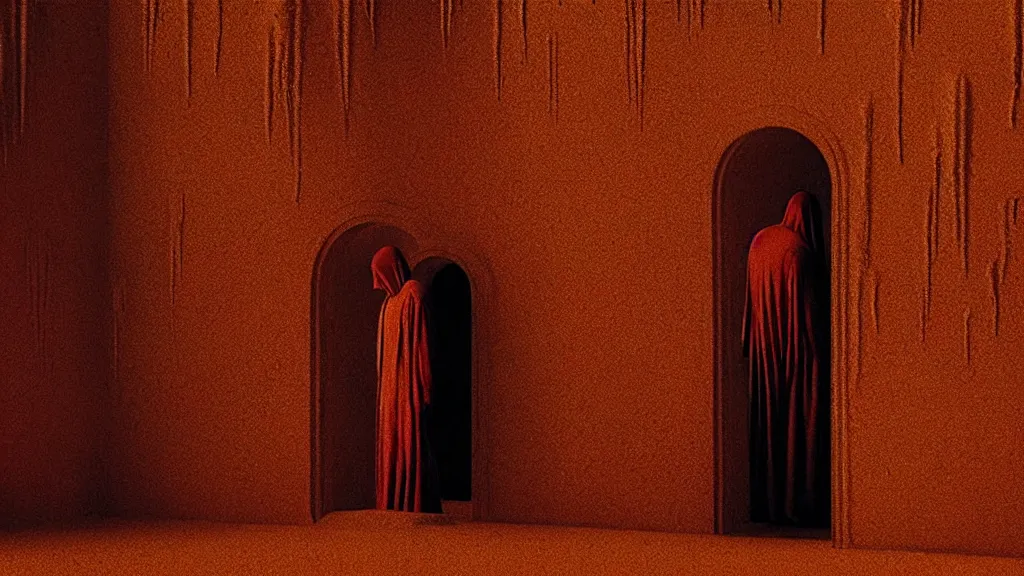 Prompt: blood drips through golden art deco, film still from the movie directed by Denis Villeneuve with art direction by Zdzisław Beksiński