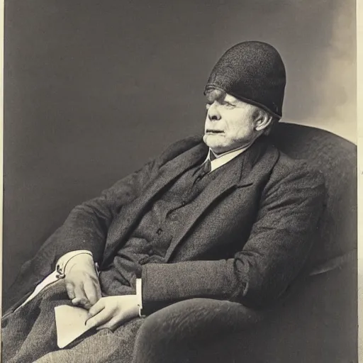 Prompt: a middle - aged man on a sofa, wearing a victorian sleeping cap, looking drowsy