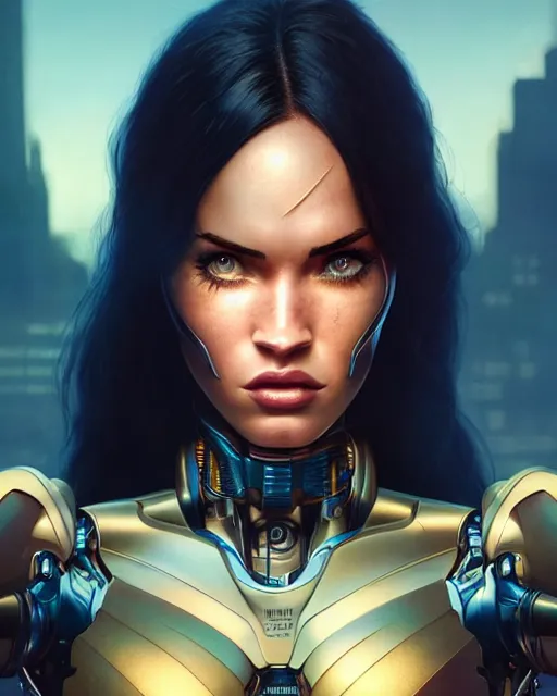 Image similar to weta disney pixar movie still portrait photo of megan fox as cyborg woman by pixar, by weta, wlop, ilya kuvshinov, rossdraws, artgerm, maxim cover, latex, sweaty, iridescent, bright morning, anime, liosh, mucha