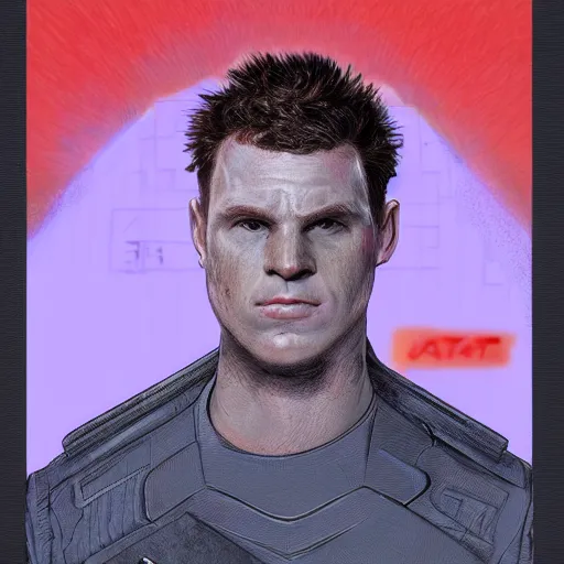 Image similar to Bust Portrait of David Bates from Starset in a sci fi uniform with a BMI on his temple; hyper realistic, high detail, artstation, deviantart