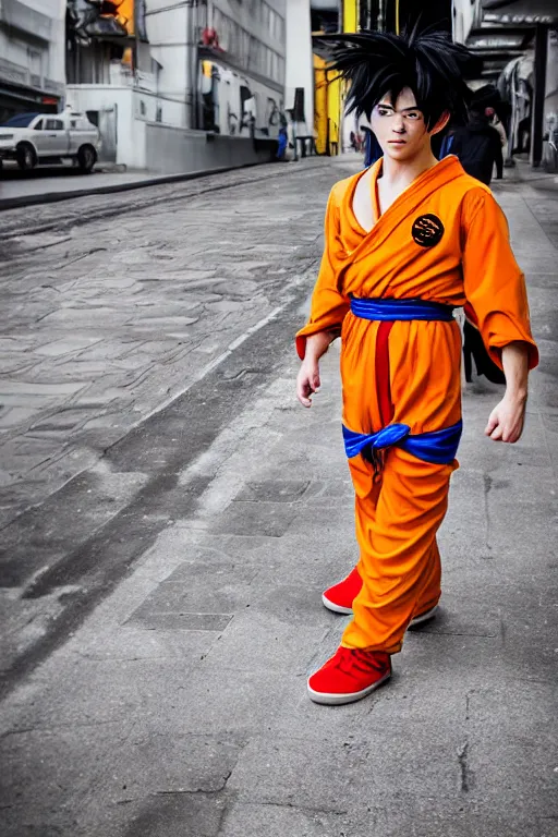 Prompt: portrait Goku from DragonBall Z as a real human, photojournalism street photography, 50mm lens