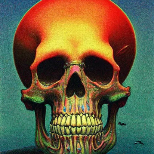 Prompt: psychedelic skull in the style of Zdzisław Beksiński,