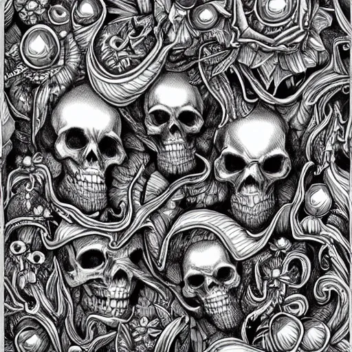 Image similar to Joe Fenton drawing of Psychedelic Skulls, medieval town, skulls, drawn by Joe Fenton, trending on artstation