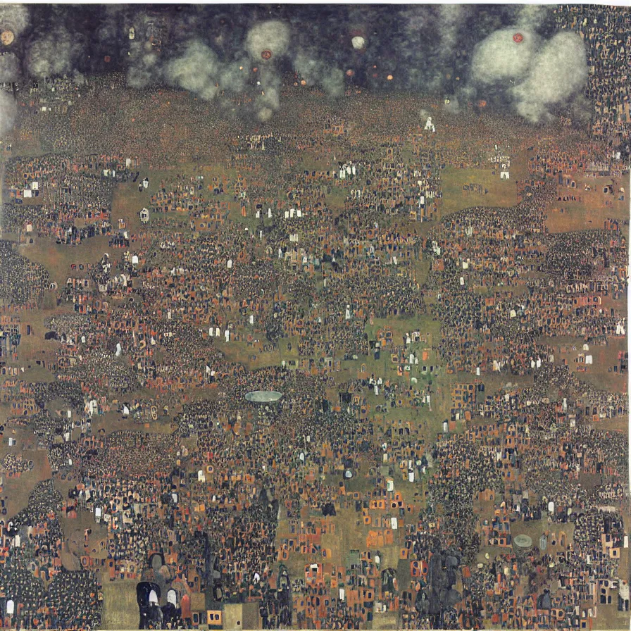 Image similar to “a large group of people wearing gas masks a running up a hill chasing a large red sphere . In the background we see large smokestacks spewing smoke. a painting by gustav klimt ”