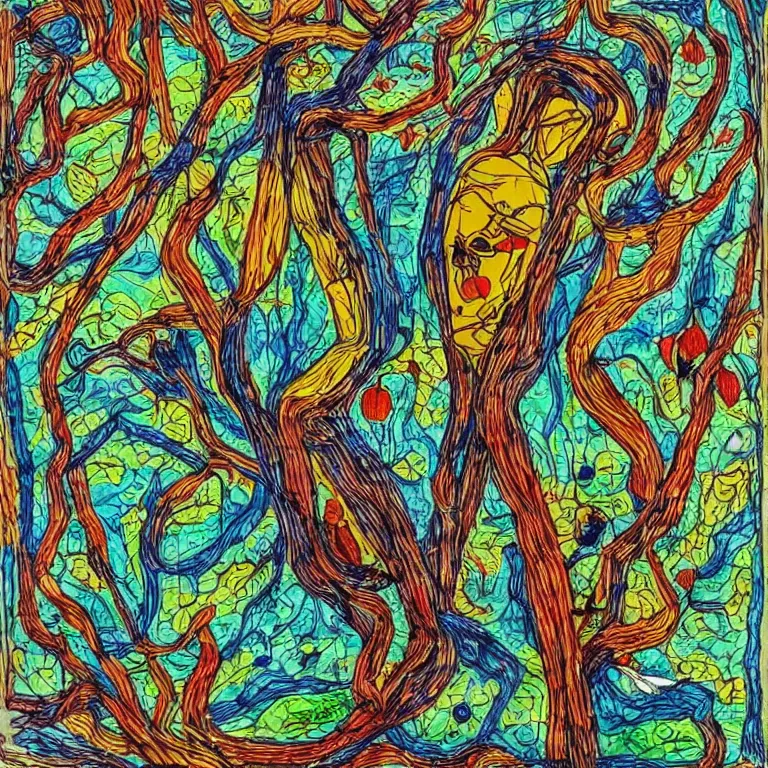 Image similar to human with the sea and the forest inside, veins diverge through the body like rivers filmed on a satellite, a person is decorated with wild berries, a beautiful bird is looking at him next, art brut, colorful picture