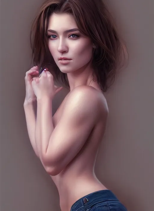 Image similar to photo of a gorgeous young woman in the style of stefan kostic, realistic, 1 / 2 body shot, sharp focus, 8 k high definition, insanely detailed, intricate, elegant, art by stanley lau and artgerm