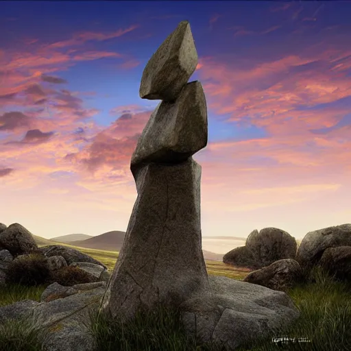 Image similar to a giant stone statue of the greek lambda symbol, epic sunset skies in the background, highly detailed digital art by jullie bell