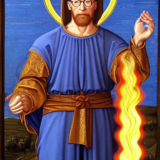 Image similar to hank hill as the saint of propane surrounded by blue fire, renaissance religious painting, painting by carlo crivelli, late gothic religious paintings, byzantine religious art, trending on artstation