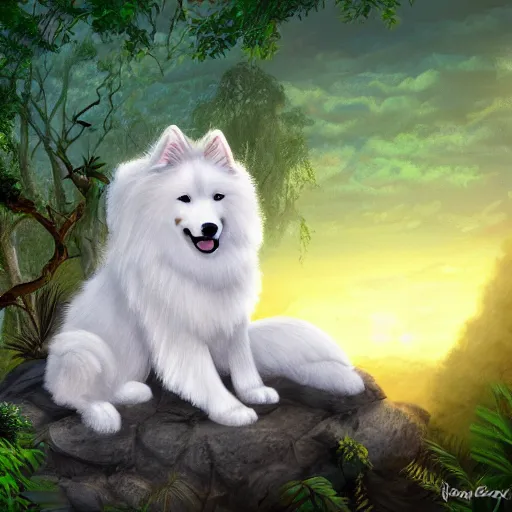 Image similar to a samoyed dog seated on a rock in a jungle!, mist, tropical trees, vines, birds, sunset!, fluffy clouds, warm colors, beautiful lighting, digital art, intricate details, trending on artstation