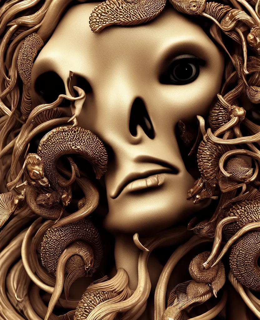 Image similar to goddess princess face close-up portrait ram skull. sculpture made of black clay and gold. jellyfish phoenix head, nautilus, orchid, skull, betta fish, bioluminiscent creatures, intricate artwork by Tooth Wu and wlop and beeple. octane render, trending on artstation, greg rutkowski very coherent symmetrical artwork. cinematic, hyper realism, high detail, octane render, 8k