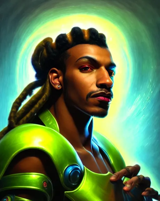 Image similar to lucio from overwatch, dreadlocks, fantasy, fantasy art, character portrait, portrait, close up, highly detailed, intricate detail, amazing detail, sharp focus, vintage fantasy art, vintage sci - fi art, radiant light, caustics, by boris vallejo