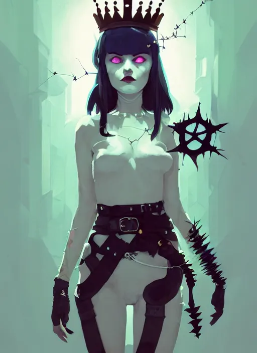 Image similar to portrait of cute goth maiden girl with crown of thorns and white short hairs, dressed in belts, warhammer, cyberpunk, by atey ghailan, by greg rutkowski, by greg tocchini, by james gilleard, by joe gb fenton, by kaethe butcher, dynamic lighting, gradient light blue, brown, blonde cream and white color in scheme, grunge aesthetic