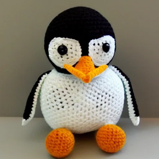 Prompt: crocheted penguin doll,