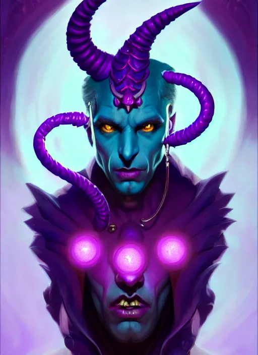 Image similar to symmetry!! portrait of a male purple and teal skinned tiefling with demon horns and piercings, glowing lights!! intricate, elegant, highly detailed, digital painting, artstation, concept art, smooth, sharp focus, illustration, art by artgerm and greg rutkowski and alphonse mucha