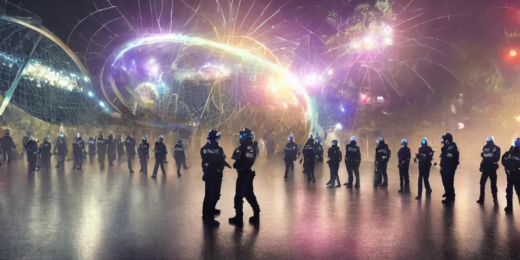 Image similar to policemen protecting a huge spiral - shaped bright luminous attractor right in the center of the city from protesting people,, rain and light fog, professional lighting, concept art in 3 d, high detail, professional lighting, 8 k, unreal engine