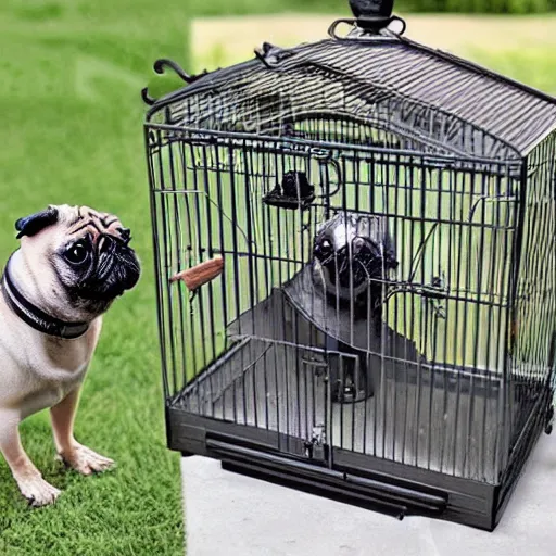 Image similar to a bird cage with a pug parrot hybrid