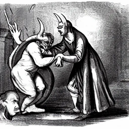 Image similar to A devil tempts a man with sin.