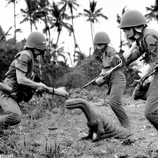 Image similar to dinosaurs in the vietnam war fighting alongside us soldiers in the vietnam war, black and white, eddie adams, david burnett