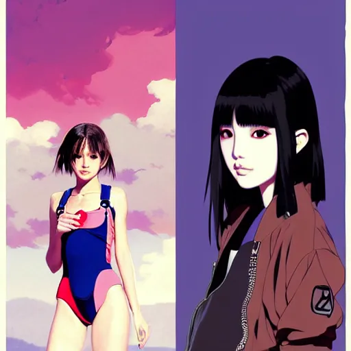 Image similar to a beautiful japanese natalie portman gravure model, wearing oversized native designer bomber jacket and leotard with overalls, bulky poofy bomber jacket with mesoamerican patterns, mesoamerican native street fashion, gapmoe yandere grimdark, trending on pixiv fanbox, painted by greg rutkowski makoto shinkai takashi takeuchi studio ghibli, akihiko yoshida