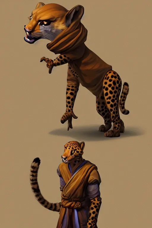 Image similar to Humanoid Cheetah, Animal face, D&D, Tabaxi Monk, Solo 3/4 Portait, Simple Robes, fantasy setting