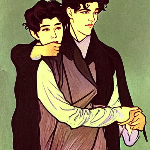 Image similar to painting of young cute handsome beautiful dark medium wavy hair man in his 2 0 s named shadow taehyung and cute handsome beautiful min - jun together at the halloween! party, ghostly, haunted, ghostly, ghosts, autumn! colors, elegant, wearing suits!, clothes!, delicate facial features, art by alphonse mucha, vincent van gogh, egon schiele