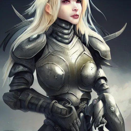 Prompt: a heavily armored blonde woman, aura of magic around her, gloomy atmosphere, trending on artstation, hyper detailed