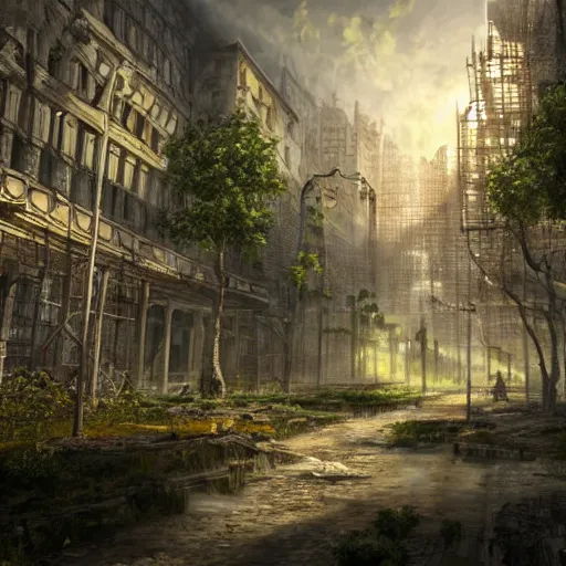 Image similar to a city being reclaimed by nature, highly detailed concept art, specular light