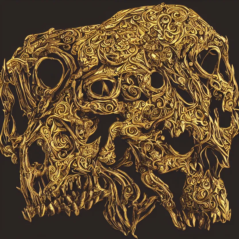 Prompt: photo portrait of skull of wolf, lying on bones, dramatic lighting, circural, golden ornaments, symmetric, intricate skeletal decorations, symmetry, highly detailed, concept art, black, red, white, gold layers, centered, style of nekroxiii, hyperrealistic, dark background, smoke