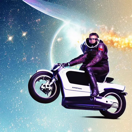 Image similar to elon musk riding motorcycle in space, digital art