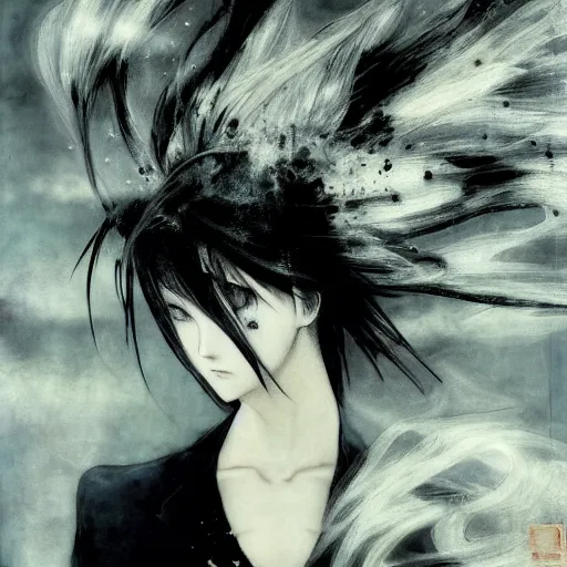 Image similar to Yoshitaka Amano dreamy and blurry portrait of an anime girl with white hair and cracks on her face wearing dress suit with tie fluttering in the wind, abstract black and white patterns on the background, head turned to the side, noisy film grain effect, highly detailed, Renaissance oil painting, weird camera angle