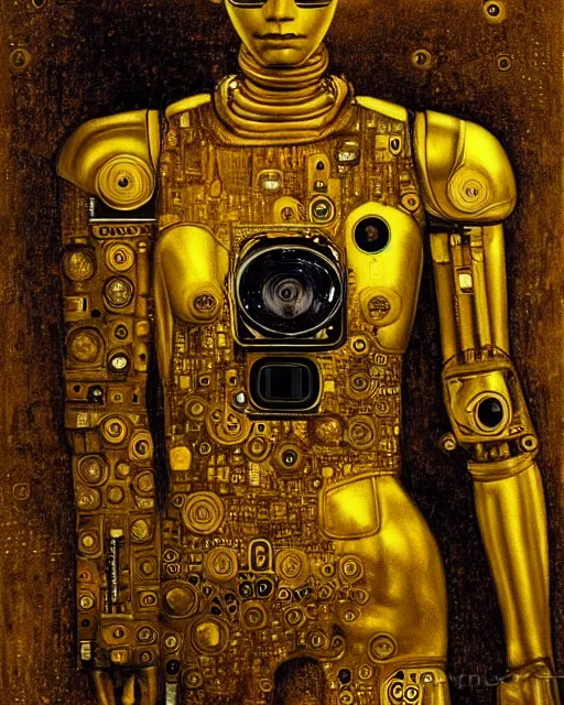 Image similar to Golden Portrait of a Robot from iRobot by Gustav Klimt, cyberpunk noir, baroque elements, intricate artwork by caravaggio, aesthetic, intricate, highly detailed, masterpiece