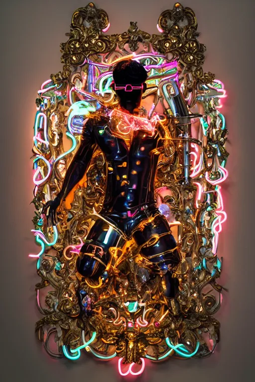 Image similar to full-body neon porcelain bladerunner and rococo style sculpture of a muscular handsome Cuban prince wearing cholo shades as a half android with a porcelain chest opening exposing circuitry and electric sparks, glowing laser beam eyes, crown of giant diamonds, flowing neon-colored silk, fabric, raptors. baroque elements. full-length view. baroque element. intricate artwork by caravaggio. many many birds birds on background. Trending on artstation, octane render, cinematic lighting from the right, hyper realism, octane render, 8k, depth of field, 3D